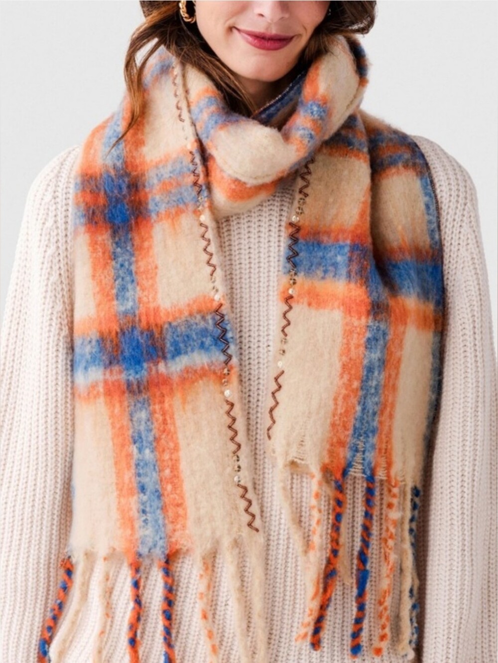 NEW Free People Highland Plaid Skinny Scarf in Ivory Combo